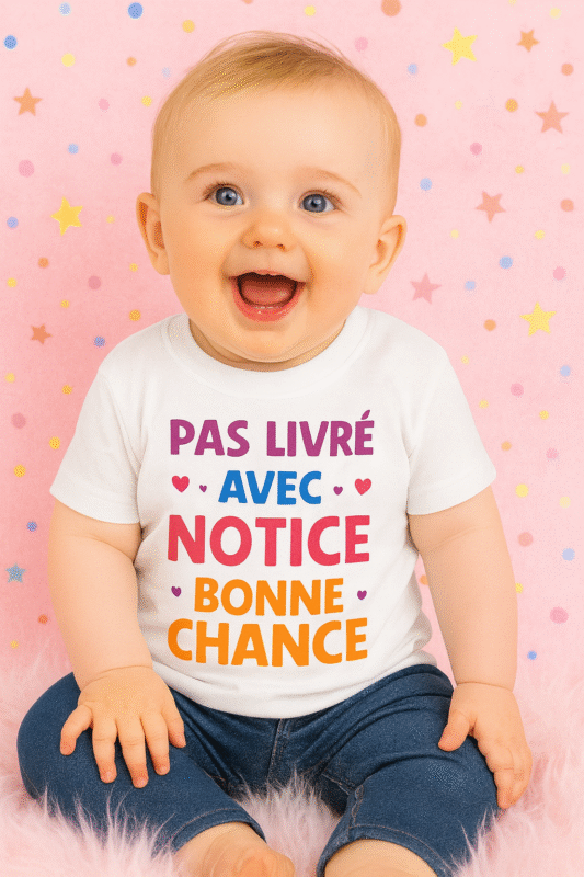 Bébé assis et souriant portant un t-shirt blanc avec l’inscription humoristique “Pas livré avec notice, bonne chance” sur fond rose pastel décoré d’étoiles colorées.