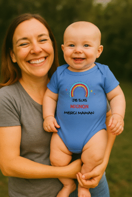 Maman souriante tenant son bébé habillé d’un body bleu avec l’inscription Je suis mignon merci maman et un arc-en-ciel, photo lifestyle pour la boutique Yanélia.