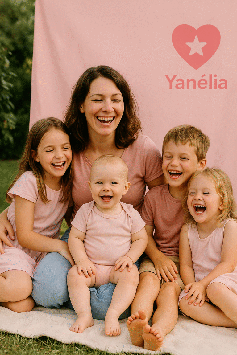 Maman assise dans un jardin avec ses quatre enfants, ambiance joyeuse sur fond rose pastel – Yanélia body bébé et t-shirt enfant
