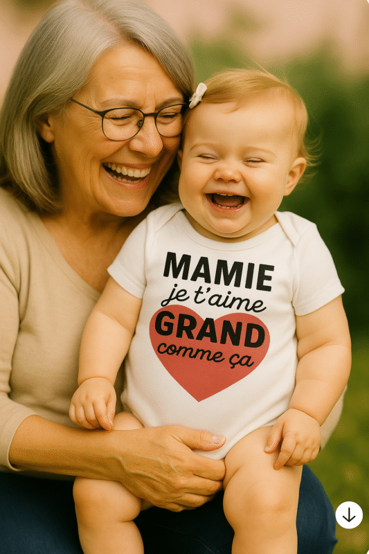Bébé portant un body avec l’inscription "Mamie je t’aime grand comme ça" – idée cadeau émouvante pour grand-mère
