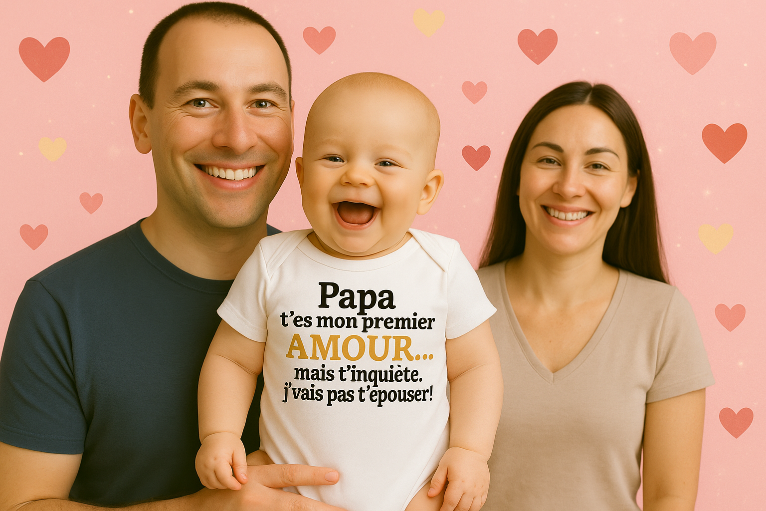 Jeune famille souriante portant des t-shirts blancs avec messages tendres, photo lumineuse et joyeuse symbolisant l’amour et la complicité.