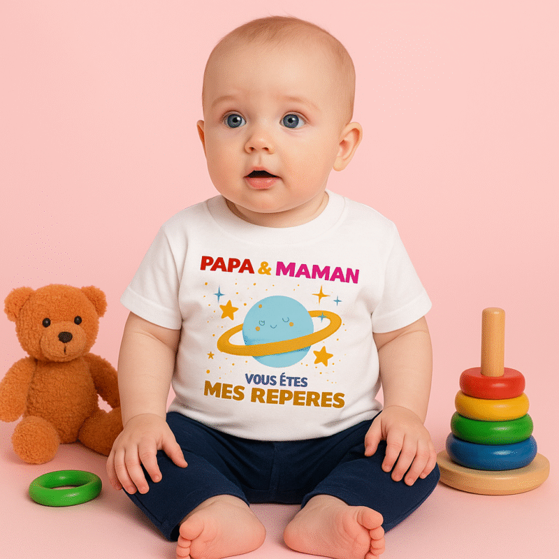 Bébé assis portant un t-shirt blanc avec l’inscription "Papa & Maman, vous êtes mes repères", sur fond rose pastel avec jouets.