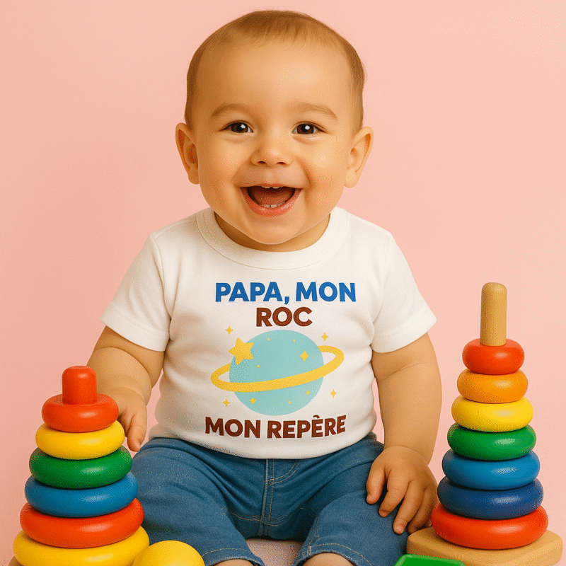 Un bébé souriant aux yeux bruns, assis avec des jouets colorés autour de lui, porte un t-shirt avec le message « Papa, mon roc, mon repère » sur fond rose pastel.