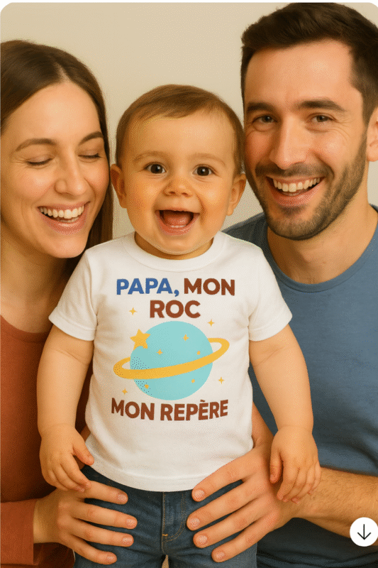 Bébé souriant portant un body Yanélia humour Papa mon roc mon repère – cadeau naissance original et fête des pères