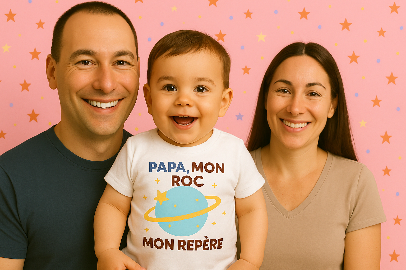 Papa, maman et bébé heureux – body bébé humour "Papa, mon roc, mon repère" Yanélia