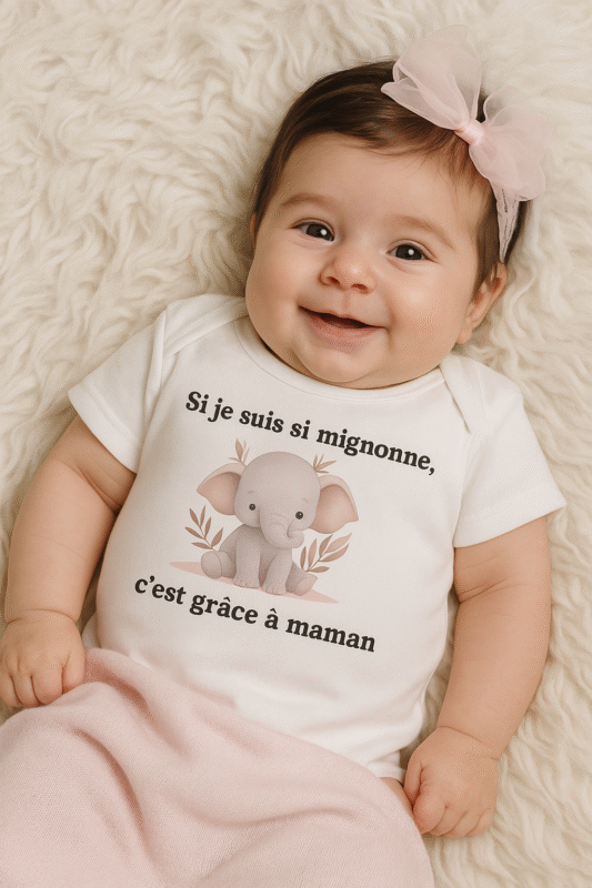 Body bébé blanc avec inscription “Si je suis si mignonne… c’est grâce à maman ❤️” – Cadeau tendre pour maman